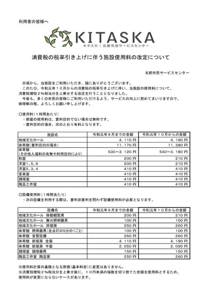 2019年10月キタスカ使用料の改定について(HPのサムネイル